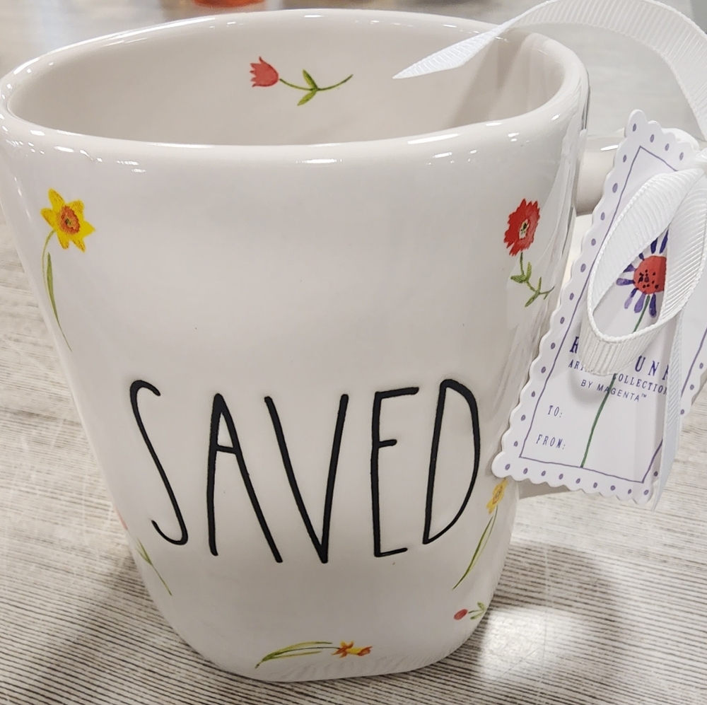 Rae Dunn White Floral 'Saved' Mug